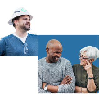 Two square images partly overlapping. One is a construction worker the second is a pair of people engaging with each other and smiling