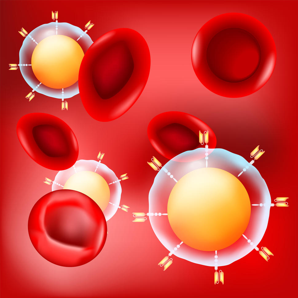 An illustration of CAR t-cells and red blood cells on a red background