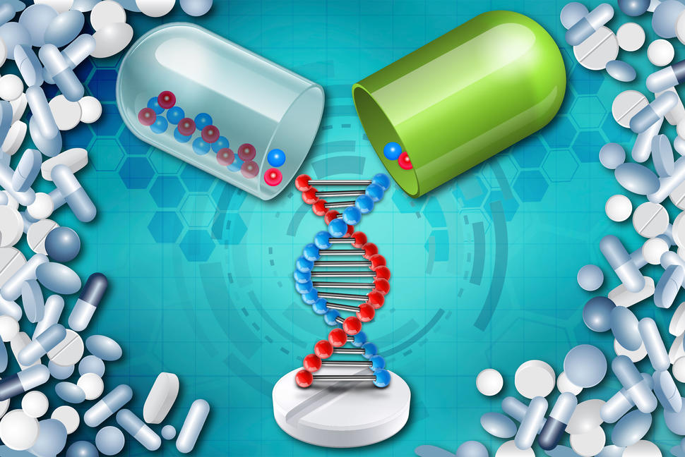 Illustration of a capsule pill splitting open with little spheres pouring out into the shape of a DNA double-helix. 