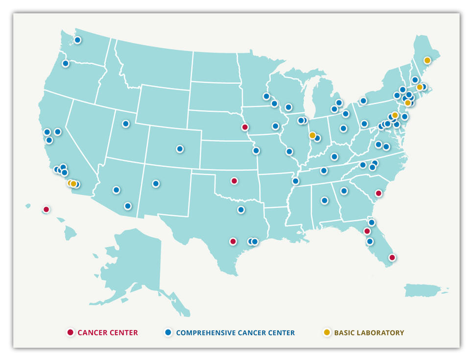 标有癌症中心位置的美国地图