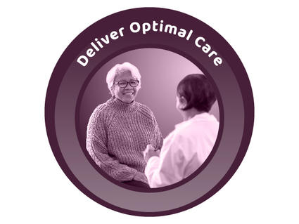 一个紫色的圆形图标，上面有一张健康护理专业人员穿着实验服与一位头发白皙、戴着眼镜、穿着毛衣的老年妇女交谈的照片。上面写着“提供最佳护理”。