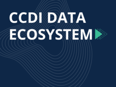 White text at the top of the image that reads, "CCDI Data Ecosystem," with a green arrow overlaid onto a dark blue background with abstract texture