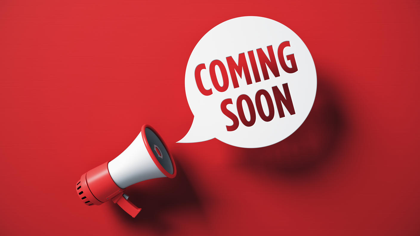 Megaphone with a speech bubble that says "coming soon."