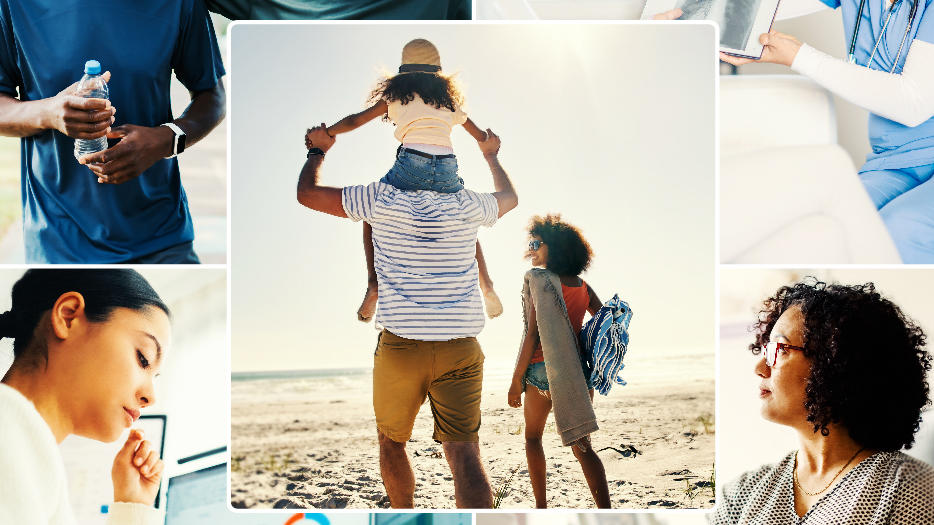 Collage of two people walking, a doctor discussing scans with a patient, a person writing, a patient getting blood drawn, and a family at the beach.